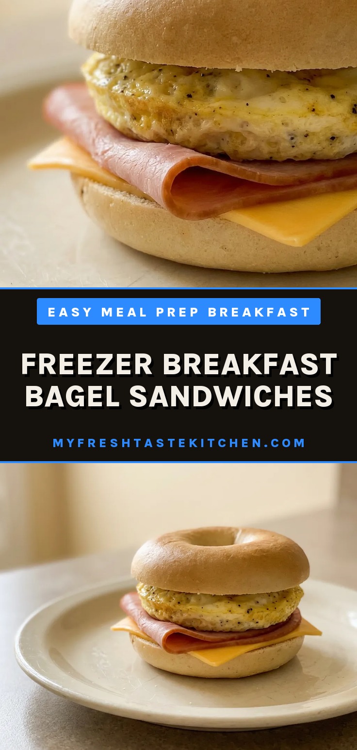 Freezer breakfast bagel sandwiches with toasted bagel, melted cheese, eggs, and bacon on a white surface.