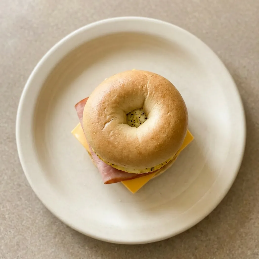 A serving of a bagel sandwich with layers of egg, ham, and cheese between toasted bagel halves.