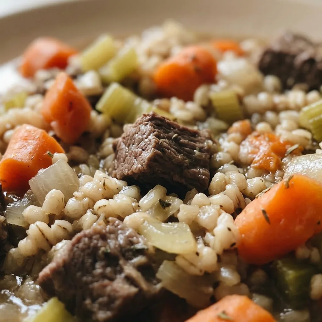 Close view of a spoonful of beef stew showing tender beef, carrot slices, celery, onion, and barley.