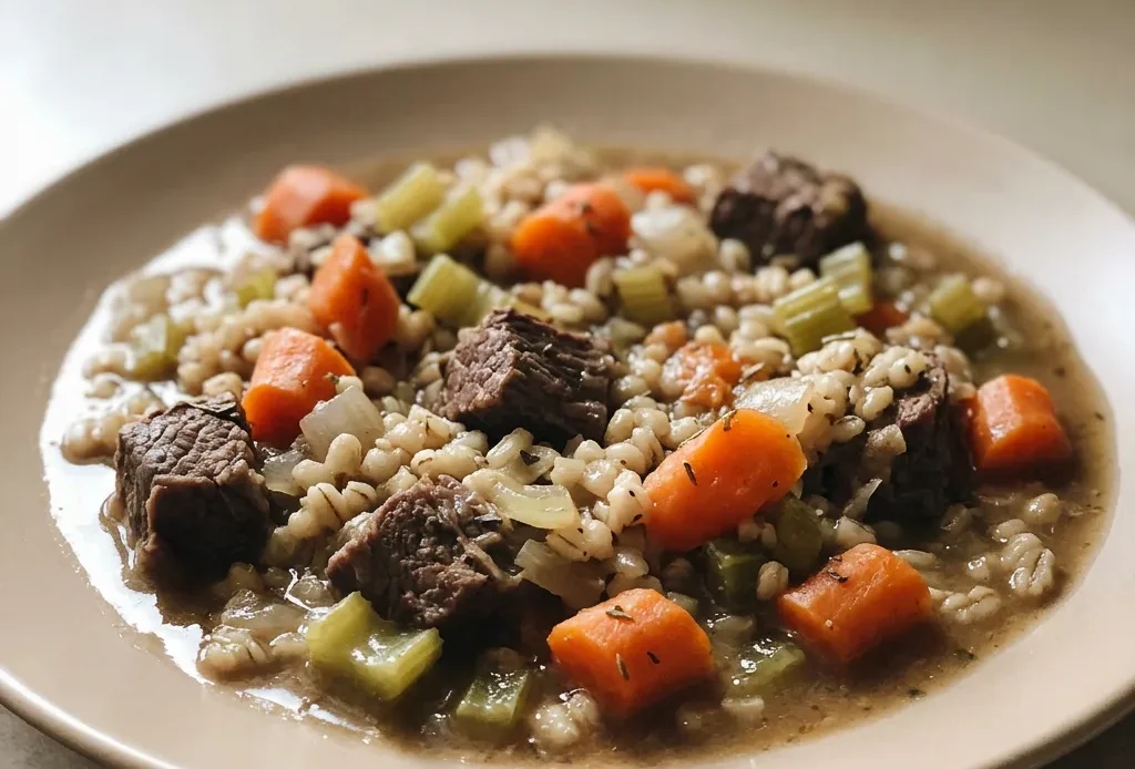 Overhead shot of a bowl of beef stew with chunks of beef, carrots, celery, onion, and barley in broth.