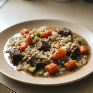 Overhead shot of a bowl of beef stew with chunks of beef, carrots, celery, onion, and barley in broth.