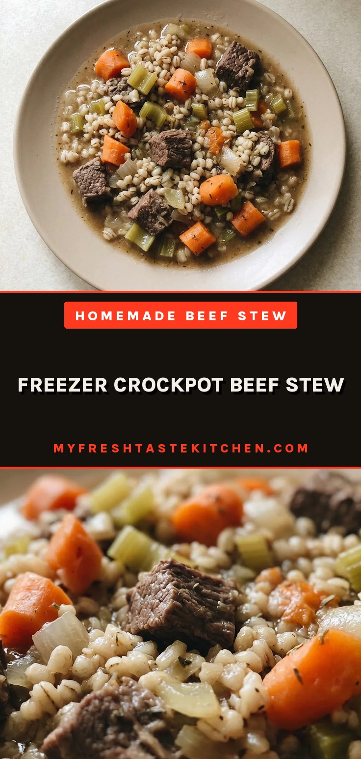 Freezer crockpot beef stew with beef chuck roast, carrots, celery, and barley in a slow cooker