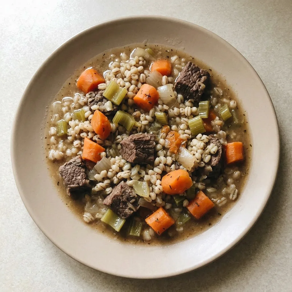 Plated beef stew with beef, carrots, celery, onion, and barley in a dark broth.
