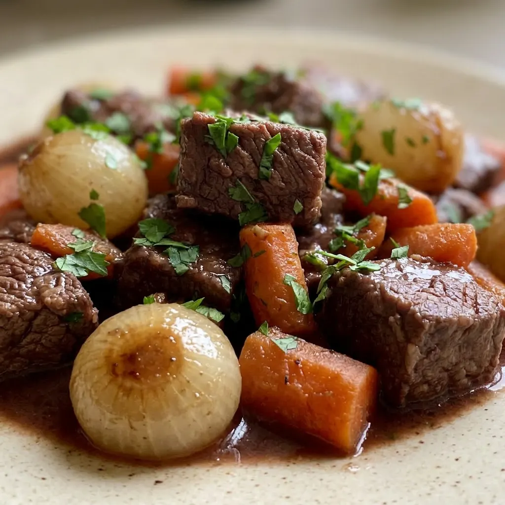 Zoomed in on a fork piercing a tender piece of beef chuck in a rich red wine broth, surrounded by pearl onions and carrots, with parsley garnish.