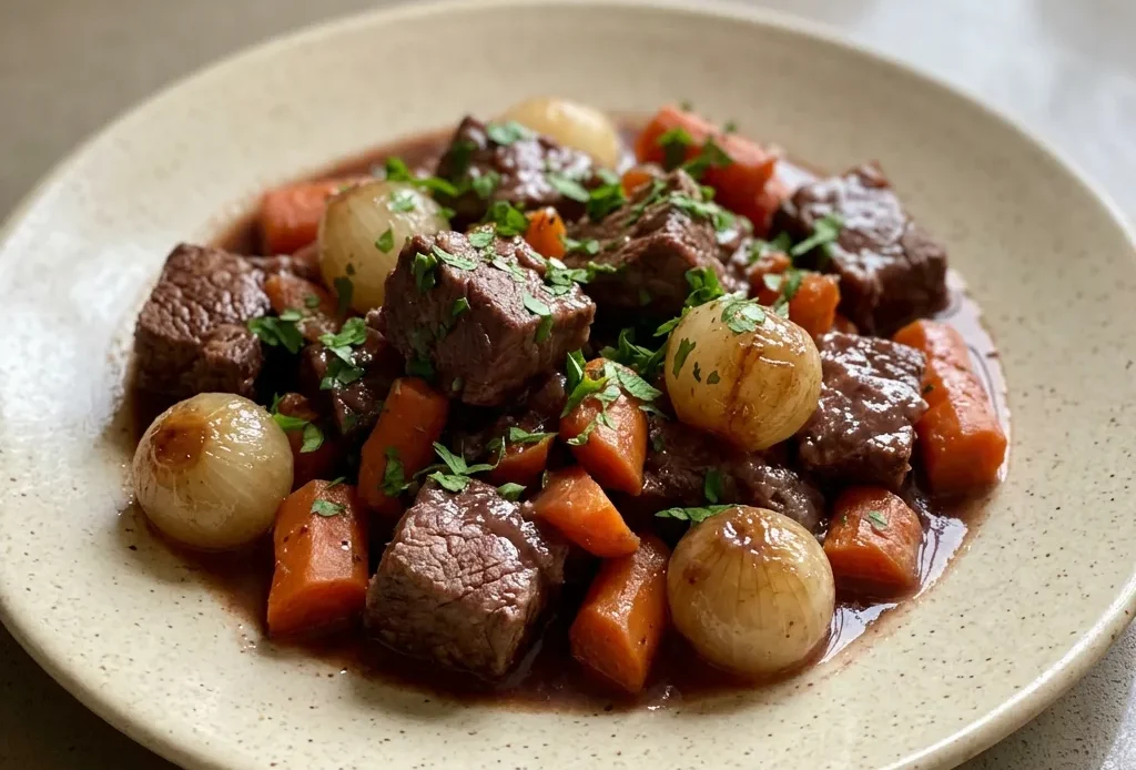 Bird's-eye view of a bowl of beef stew with chunks of beef, pearl onions, and carrots in a dark wine broth, topped with fresh parsley.