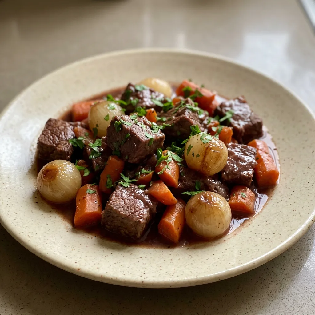 Bird's-eye view of a bowl of beef stew with chunks of beef, pearl onions, and carrots in a dark wine broth, topped with fresh parsley.