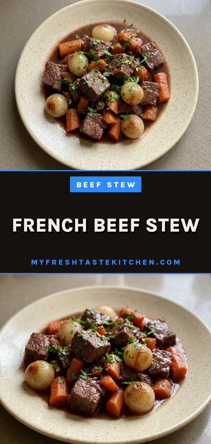 A bowl of French beef stew with tender beef, pearl onions, and carrots in a dark wine broth.