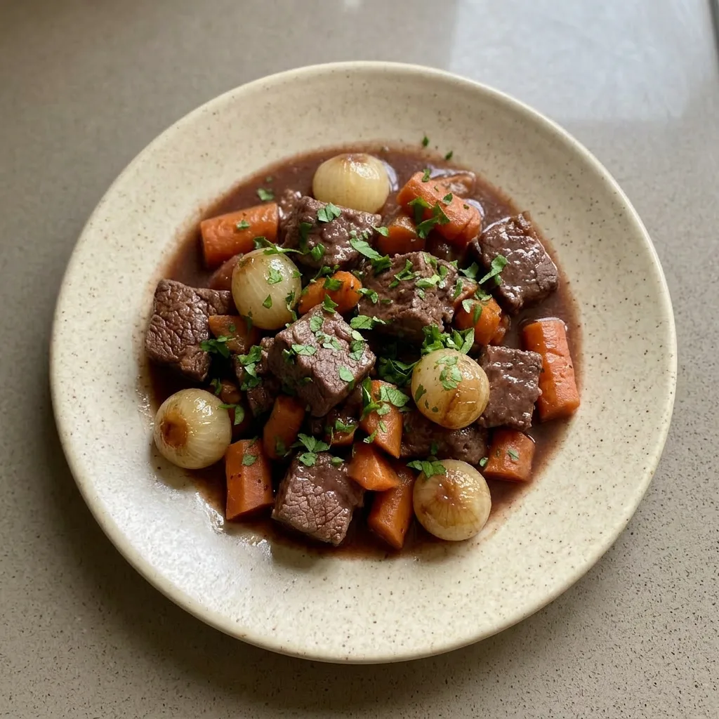 Ready to serve: a ladleful of beef stew with visible beef, pearl onions, and carrots in a dark broth, sprinkled with fresh parsley.