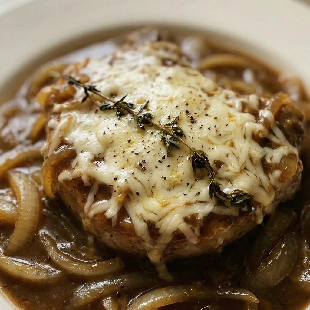Up close, a pork chop topped with gooey provolone and Gruyère, caramelized onions, and fresh thyme leaves.