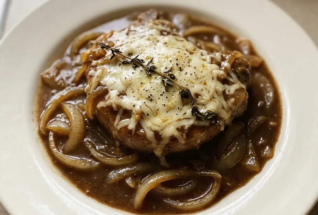 Looking down at two pork chops smothered in caramelized onions and melted provolone and Gruyère cheeses, garnished with thyme.