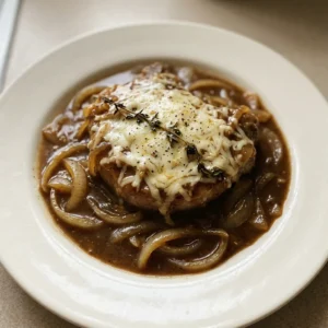 Looking down at two pork chops smothered in caramelized onions and melted provolone and Gruyère cheeses, garnished with thyme.