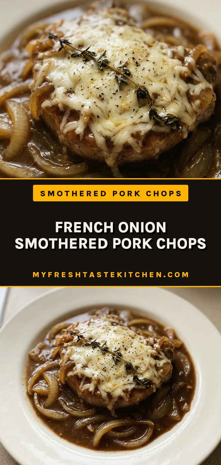 Looking down at two pork chops smothered in caramelized onions and melted provolone and Gruyère cheeses, garnished with thyme.