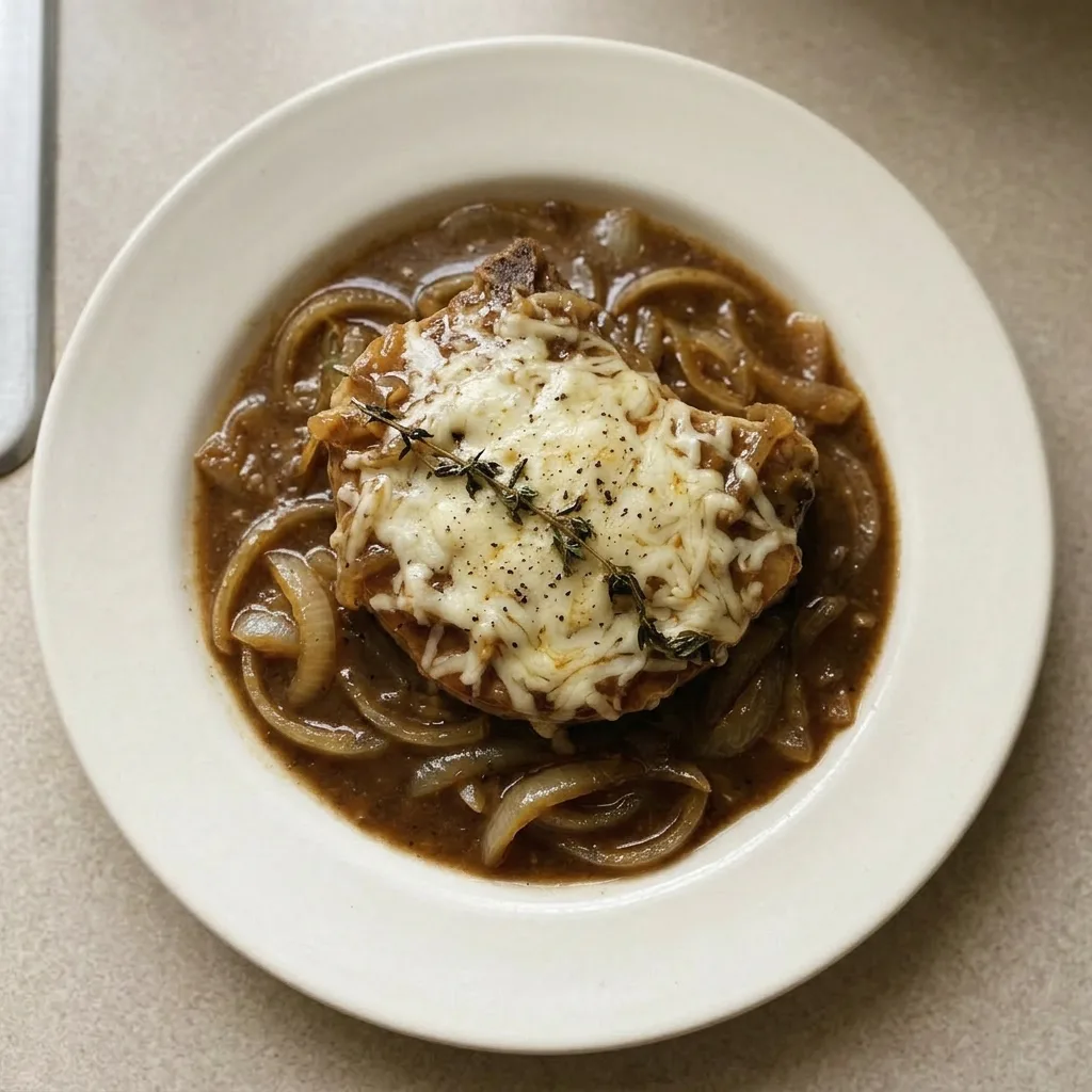 A plate of two pork chops covered in melted provolone and Gruyère cheese with caramelized onions and thyme.