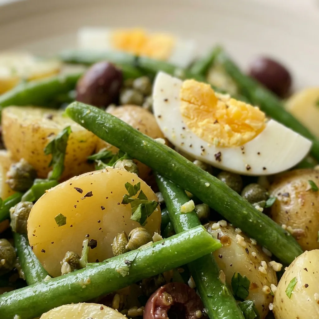 Up close, a wedge of hard-boiled egg rests beside green beans and potatoes coated in a mustard vinaigrette with capers and olives.
