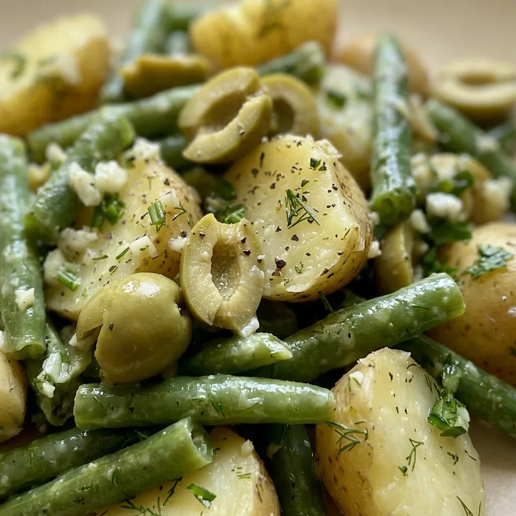 Macro detail of sliced potatoes, green beans, dill, and olives with visible Dijon mustard dressing.