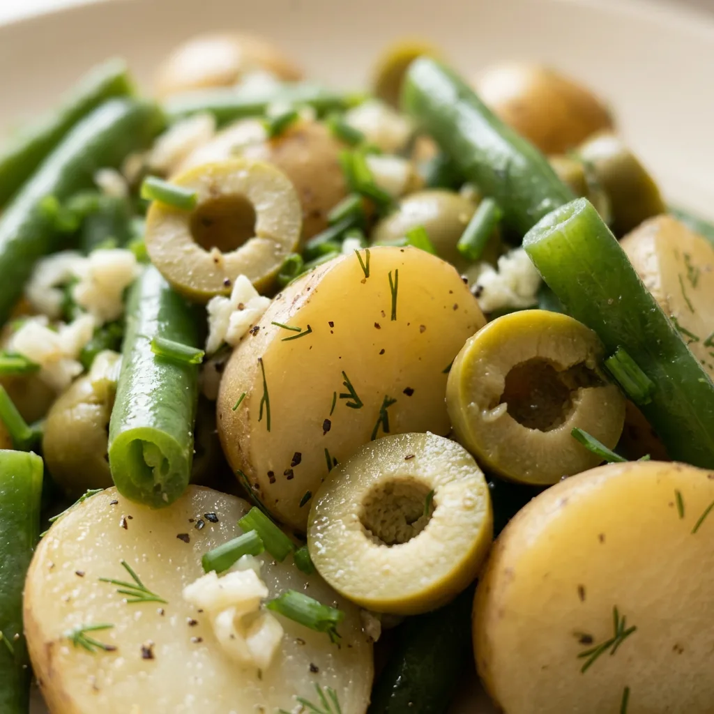 Close view of diced potatoes and green beans tossed with dill, olives, and mustard vinaigrette.