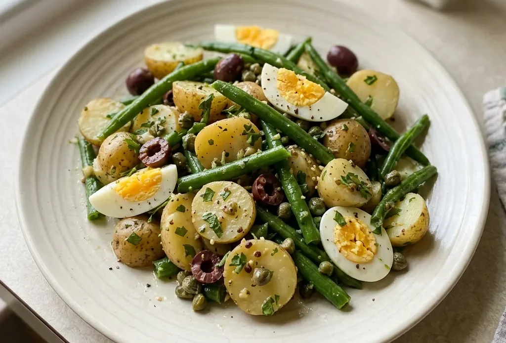 Looking down at new potatoes and green beans dressed with olive oil, scattered capers, olives, and fresh herbs, with halved hard-boiled eggs.
