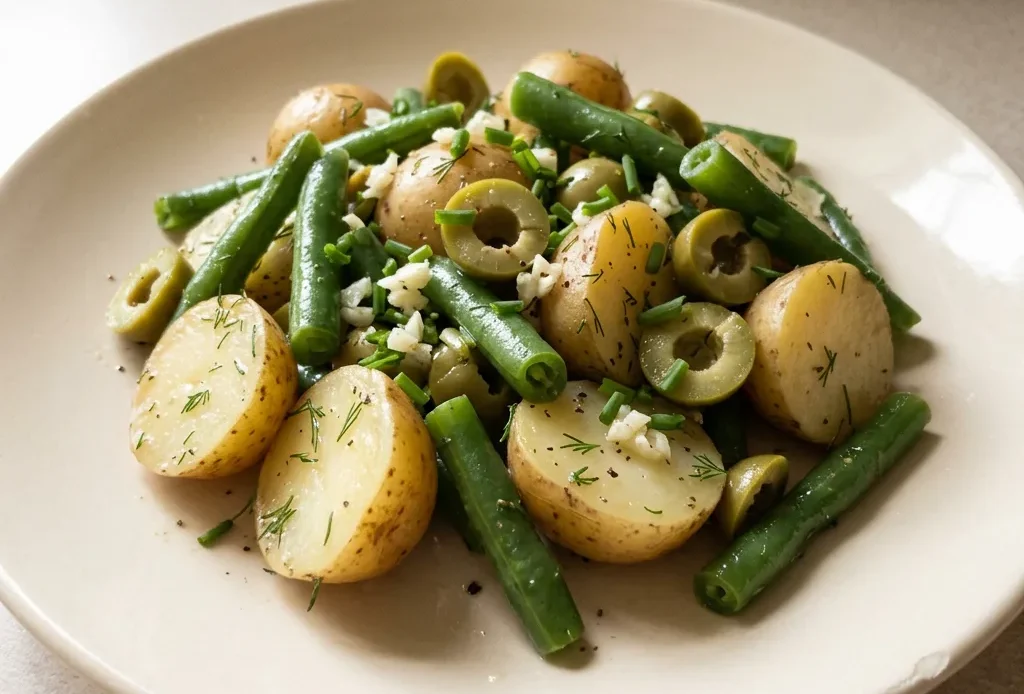 Overhead shot of potato and green bean salad with dill, Castelvetrano olives, and Dijon mustard dressing.