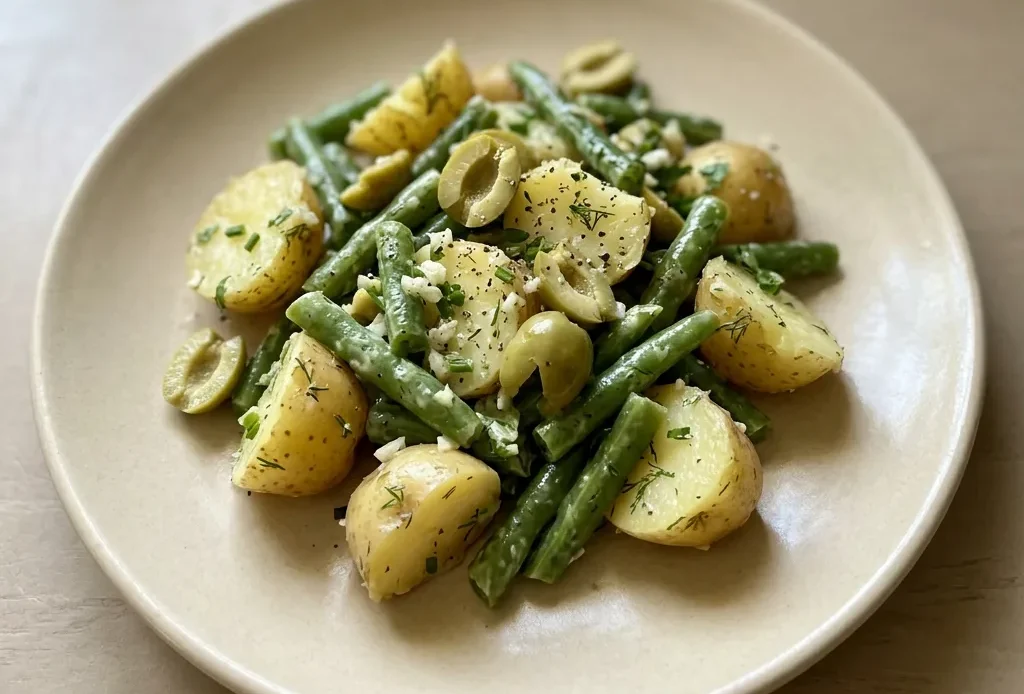 Top-down look at potato and green bean salad with dill sprigs, black olives, and Dijon mustard dressing.