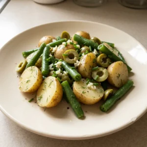 Overhead shot of potato and green bean salad with dill, Castelvetrano olives, and Dijon mustard dressing.