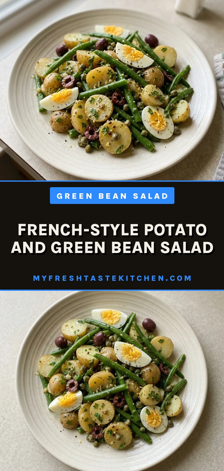French-style potato and green bean salad with new potatoes, green beans, hard-boiled eggs, and fresh herbs in a bowl.