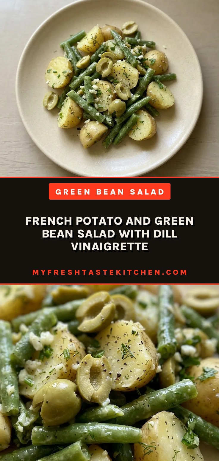 Top-down look at potato and green bean salad with dill sprigs, black olives, and Dijon mustard dressing.