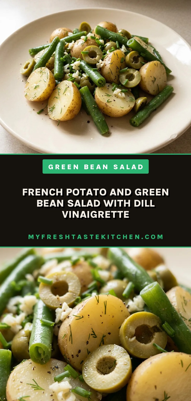 French potato and green bean salad with dill vinaigrette, showing halved baby potatoes, green beans, and Castelvetrano olives in a light dressing.
