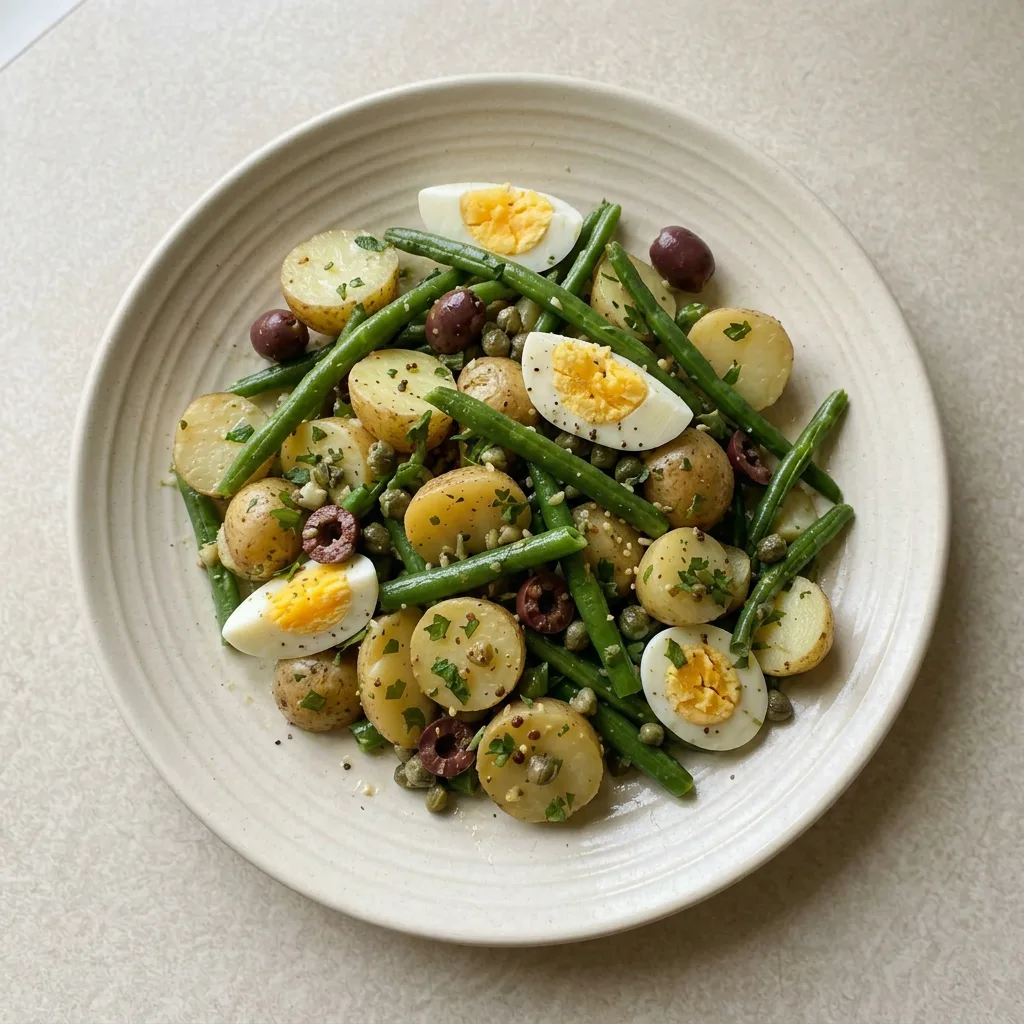 A plate of potato and green bean salad topped with halved hard-boiled eggs, capers, olives, and fresh herbs.