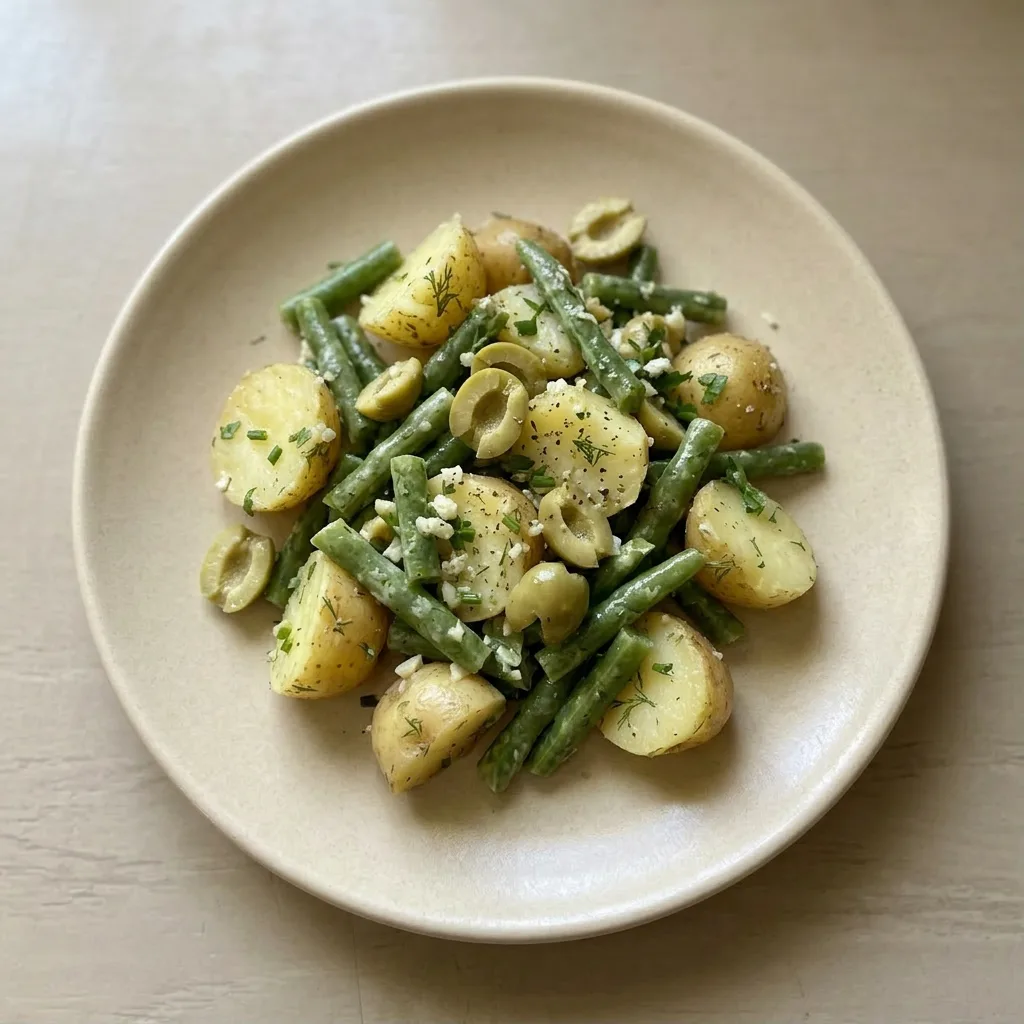 A serving of potato and green bean salad topped with dill, olives, and Dijon mustard dressing.