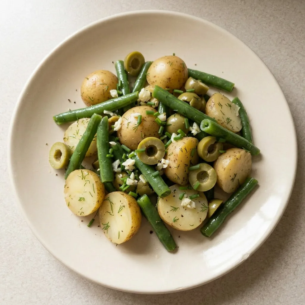 Plated salad with potato chunks, green beans, dill sprigs, and Castelvetrano olives.