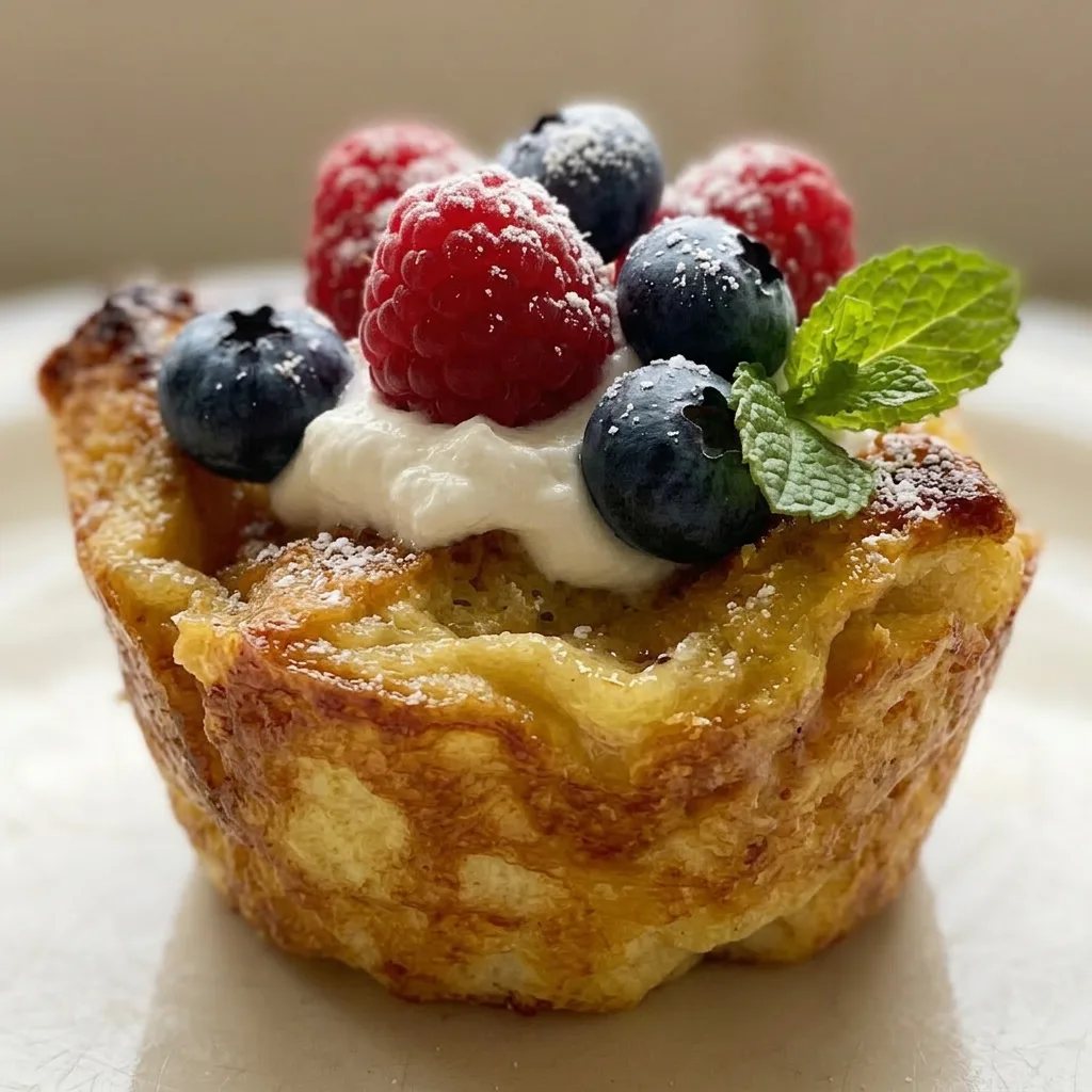 Macro detail of a single French toast cup with a crispy edge, dusted with powdered sugar.