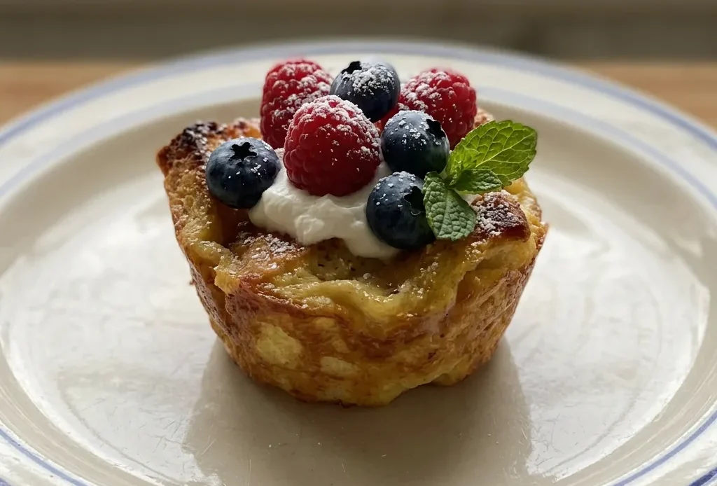 Top-down look at three golden French toast cups topped with powdered sugar and cinnamon.
