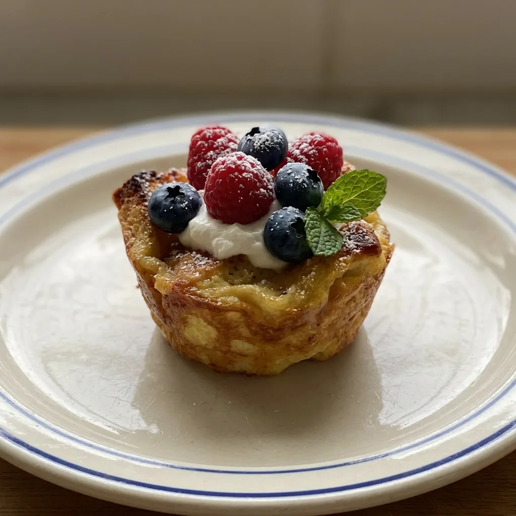 Top-down look at three golden French toast cups topped with powdered sugar and cinnamon.