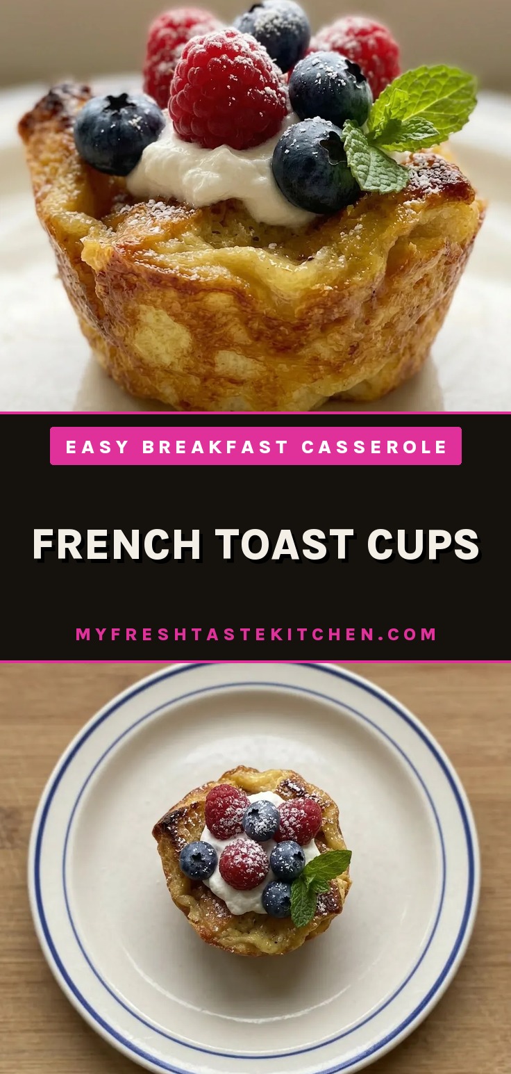 French toast cups made from brioche bread cubes and custard soaked bread, baked until golden.