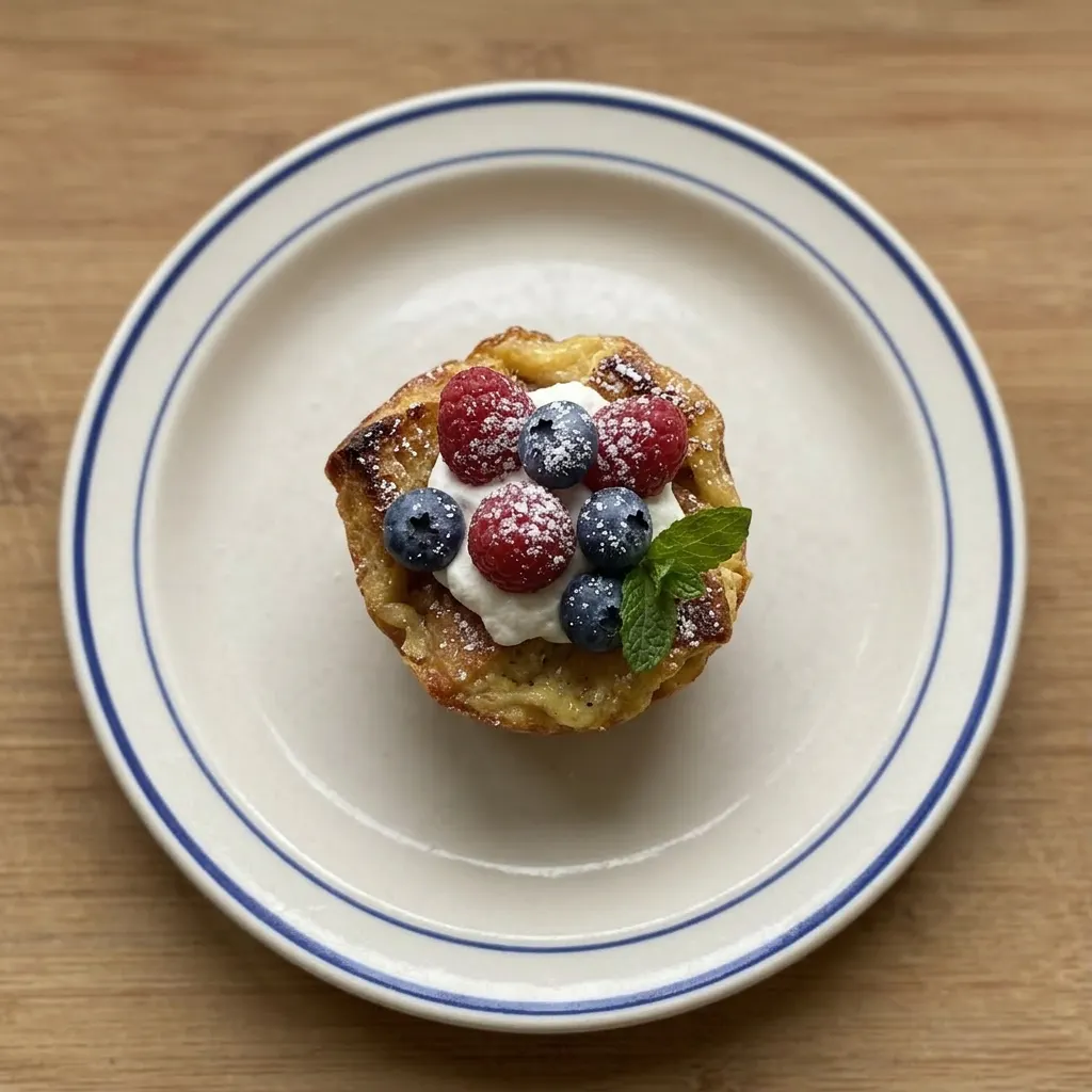 A serving of two French toast cups on a plate, drizzled with syrup and sprinkled with cinnamon.