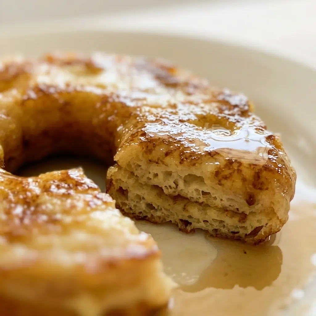 Close view of a glazed donut drizzled with honey and syrup, with a fork beside it.