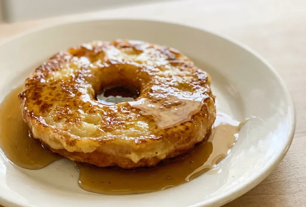 Overhead shot of two glazed donuts topped with honey and syrup on a plate.