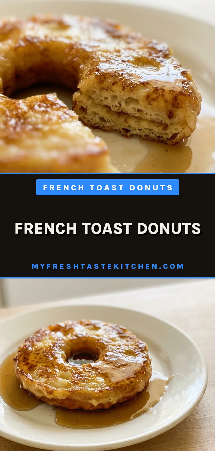 French toast donuts with syrup drizzle on a crisp brown exterior, showing golden custard inside.