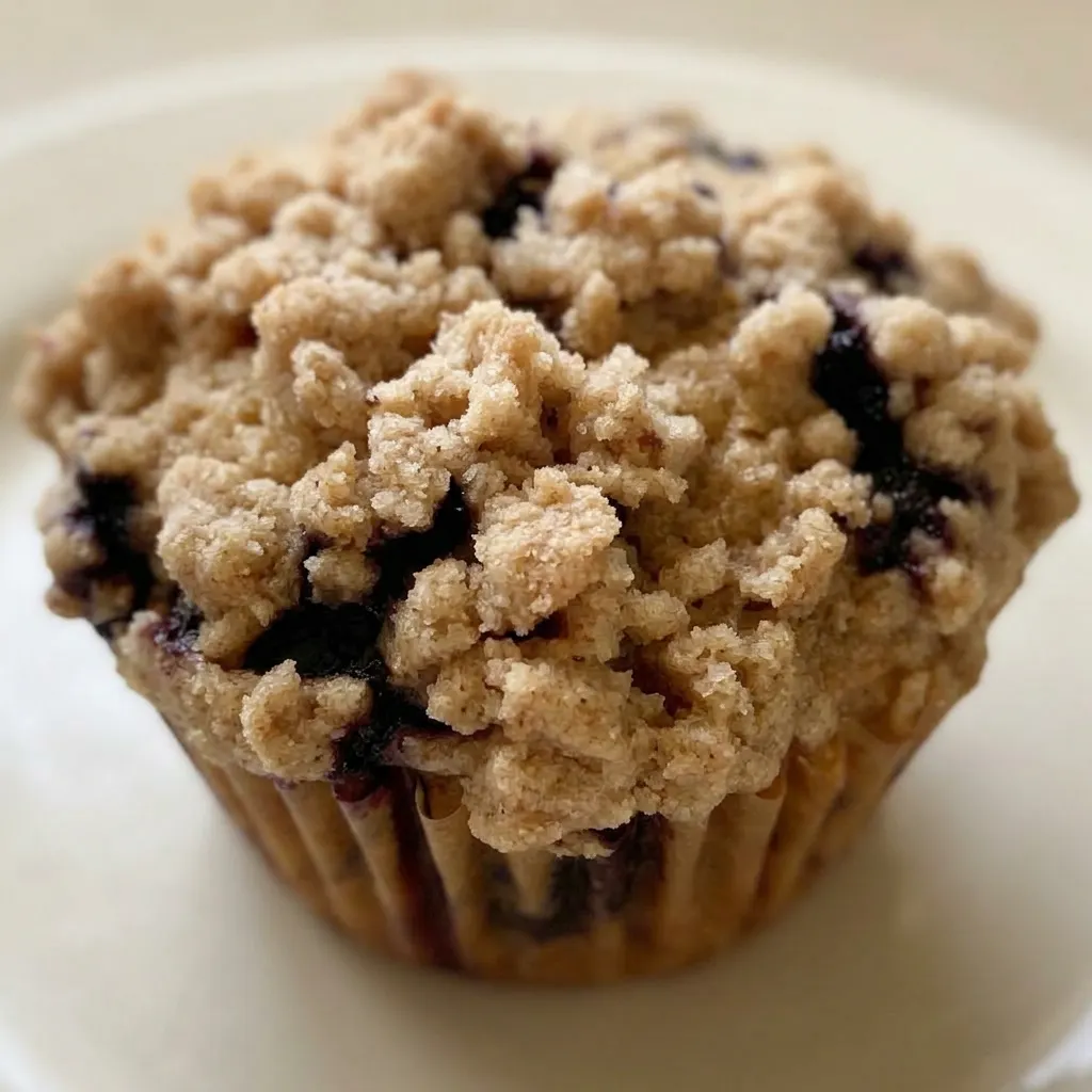 Macro detail of a blueberry muffin's golden-brown crust with whole berries and cinnamon flecks.