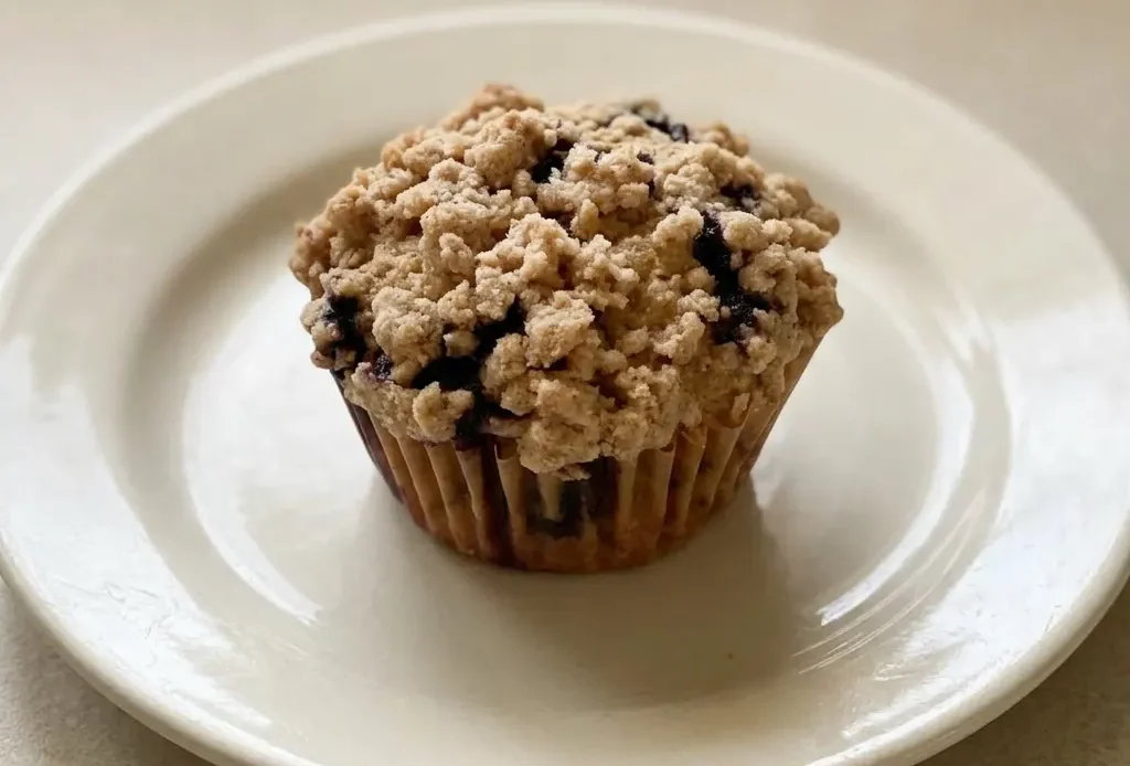 Top-down look at a blueberry muffin with a domed top, scattered cinnamon specks, and visible berry pieces.