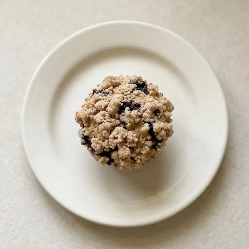 A serving of a single blueberry muffin with a cracked top, showing fresh milled flour texture and berry juices.
