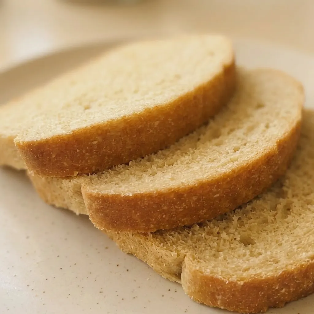 Zoomed in on a slice showing a dense, creamy crumb with tiny flecks of bran and a smear of honey.