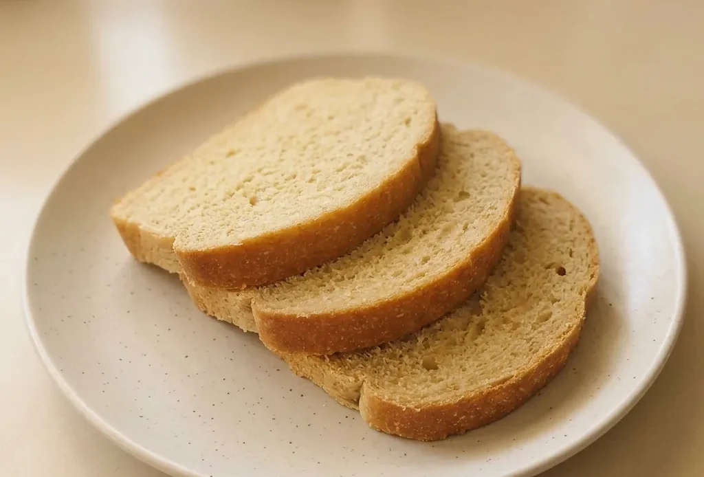 Bird's-eye view of a round loaf with a golden crust and a spiral score mark, topped with a few whole grains.