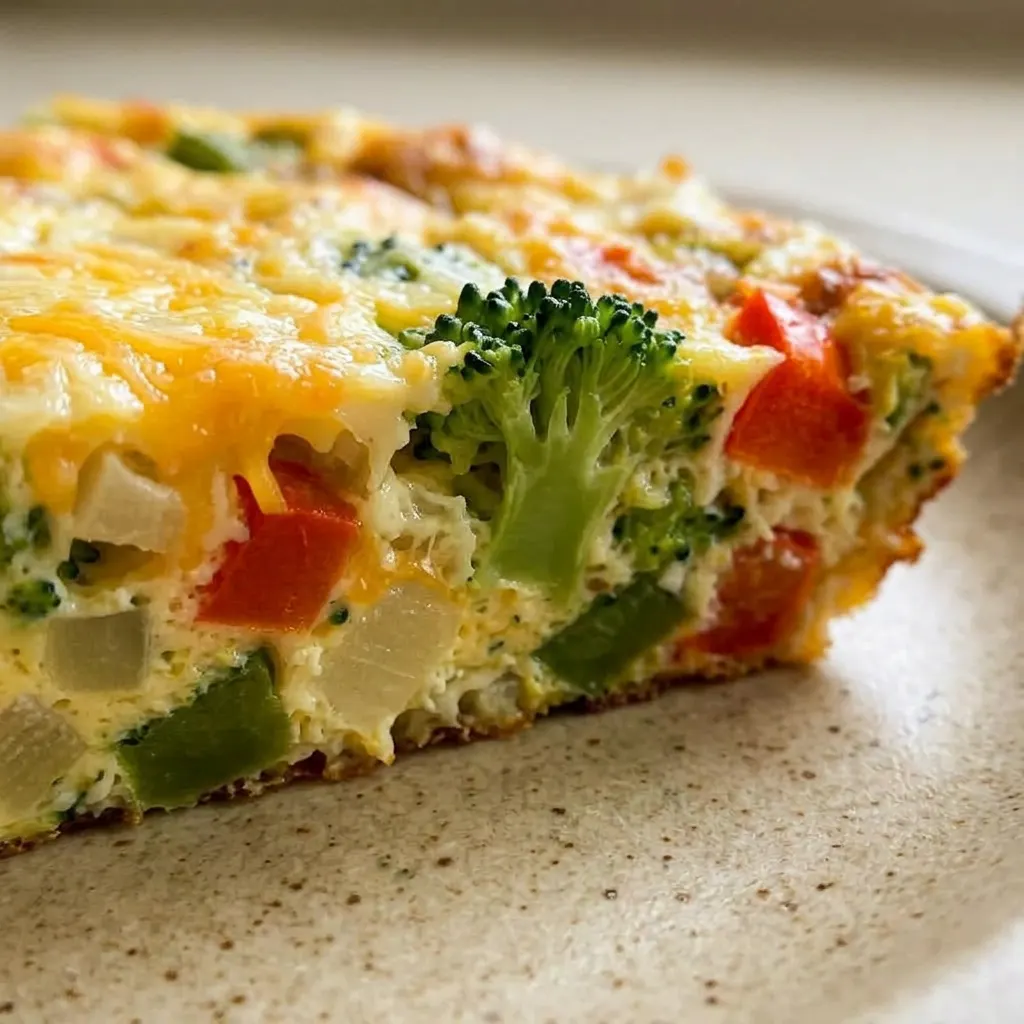Up close, a wedge of frittata with visible bacon, vegetables, and melted cheddar cheese.