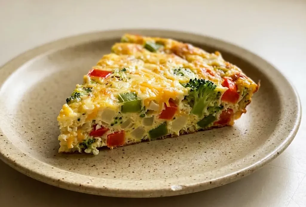 Looking down at a frittata topped with crispy bacon bits and shredded cheddar cheese.