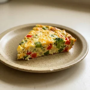 Looking down at a frittata topped with crispy bacon bits and shredded cheddar cheese.