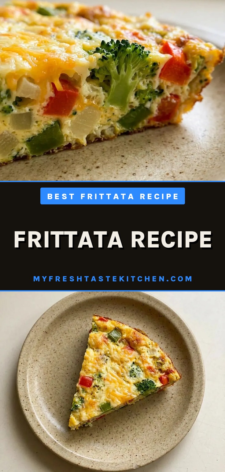 Frittata recipe with eggs, bacon, vegetables, and melted cheddar cheese, sliced and showing layers of ingredients.