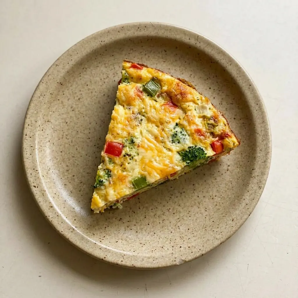 A plate of frittata slices garnished with bacon and vegetables, topped with cheddar cheese.