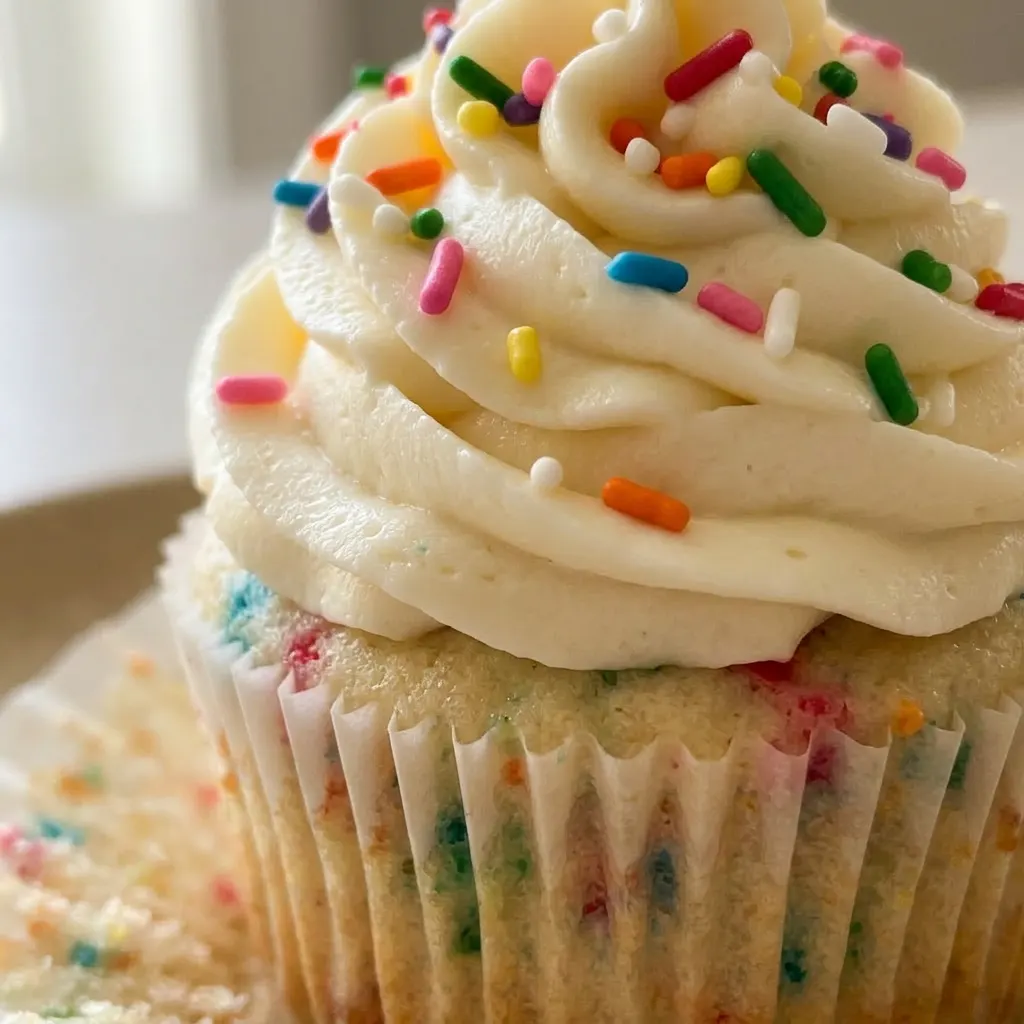 Close view of a funfetti cupcake topped with creamy vanilla frosting and colorful sprinkles, showing the crumb texture.