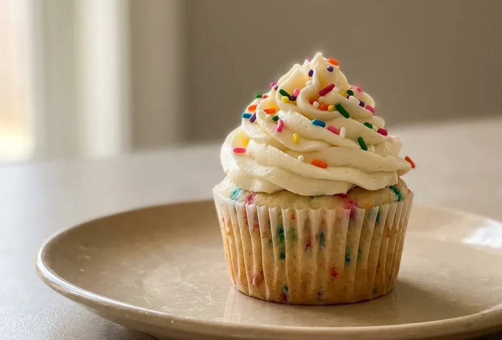 Overhead shot of a frosted funfetti cupcake with rainbow sprinkles on top and visible vanilla buttercream swirls.